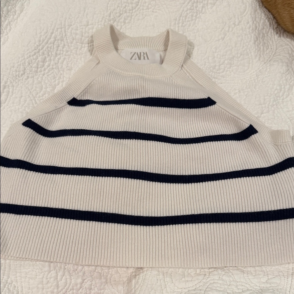 Zara Cream and Black Striped Knit Halter Top